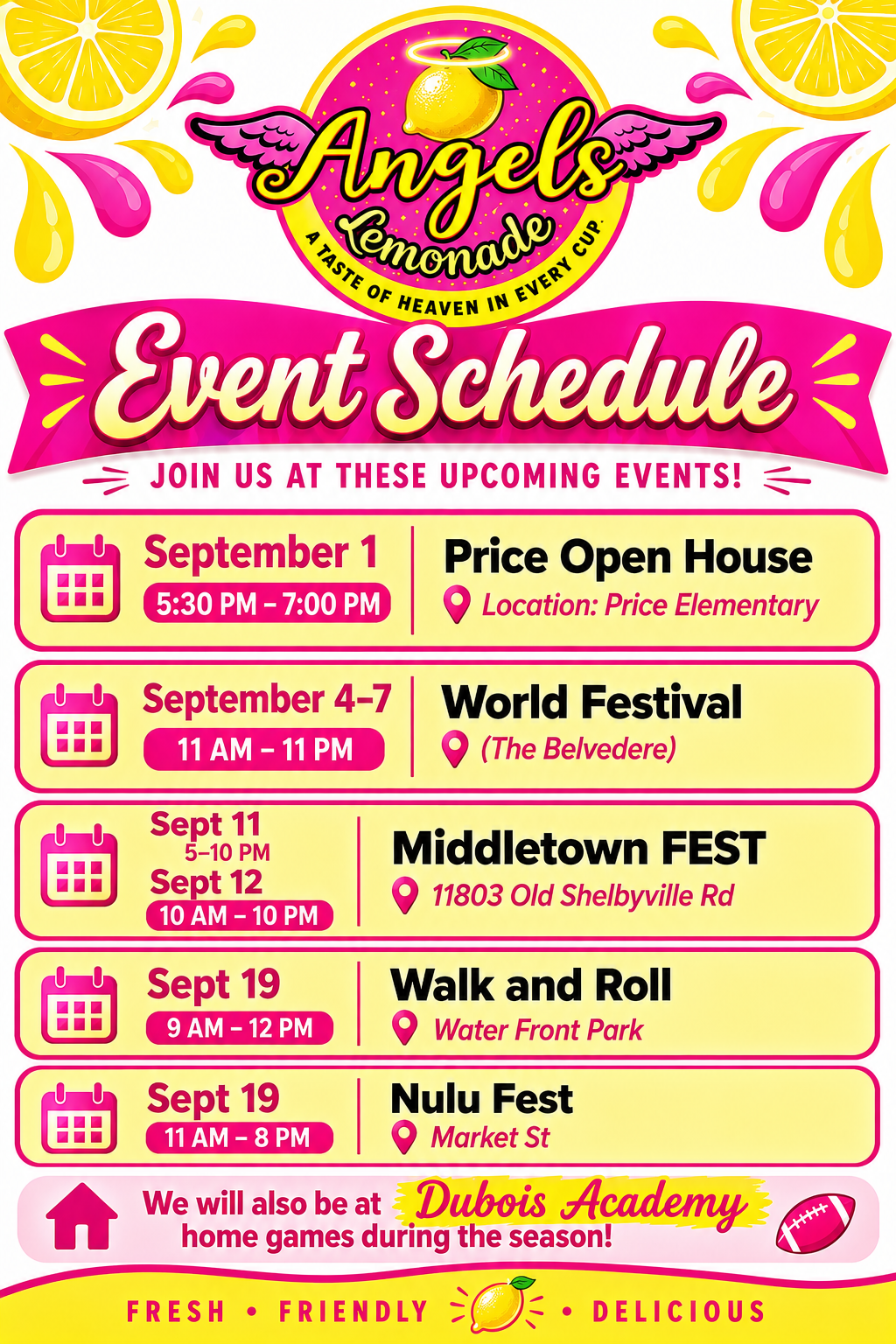 Angels Lemonade upcoming event schedule with dates and locations including World Festival, Middletown Fest, Walk and Roll, Nulu Fest, and Dubois Academy home games